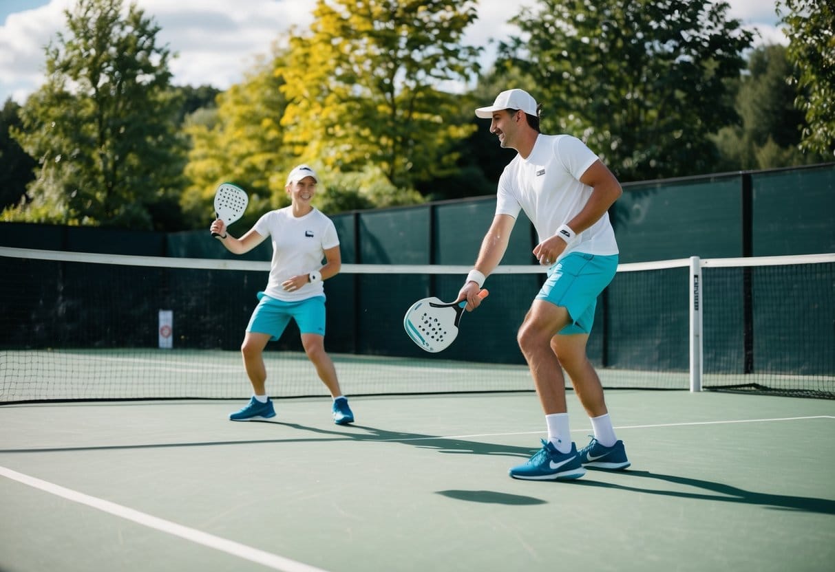 To personer der spiller padel på en solrig dag i Danmark omgivet af grønt og nyder en sjov og aktiv ferieaktivitet